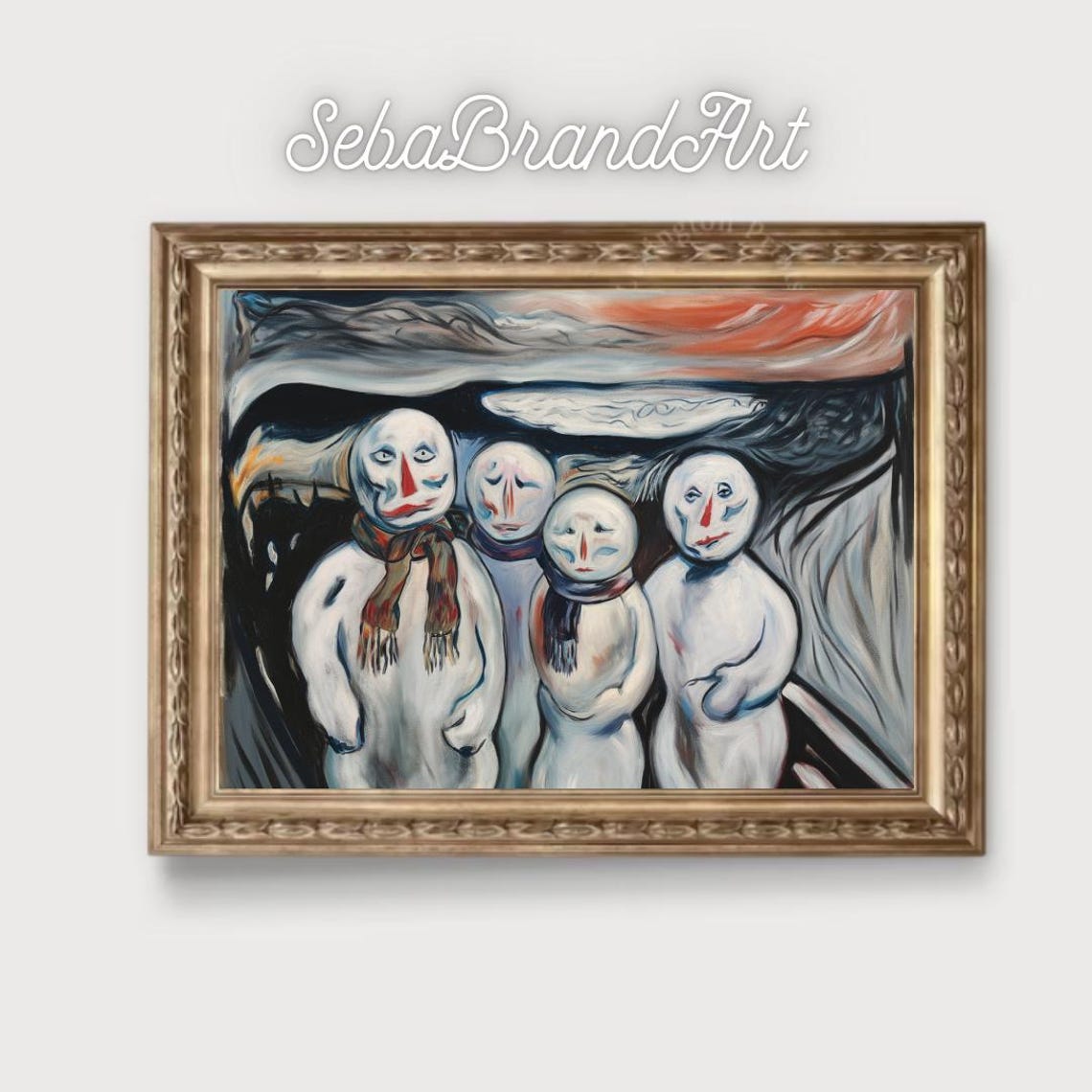Melancholic Snowman Family Under Swirling Sky Expressionist Art Poster - Image 2