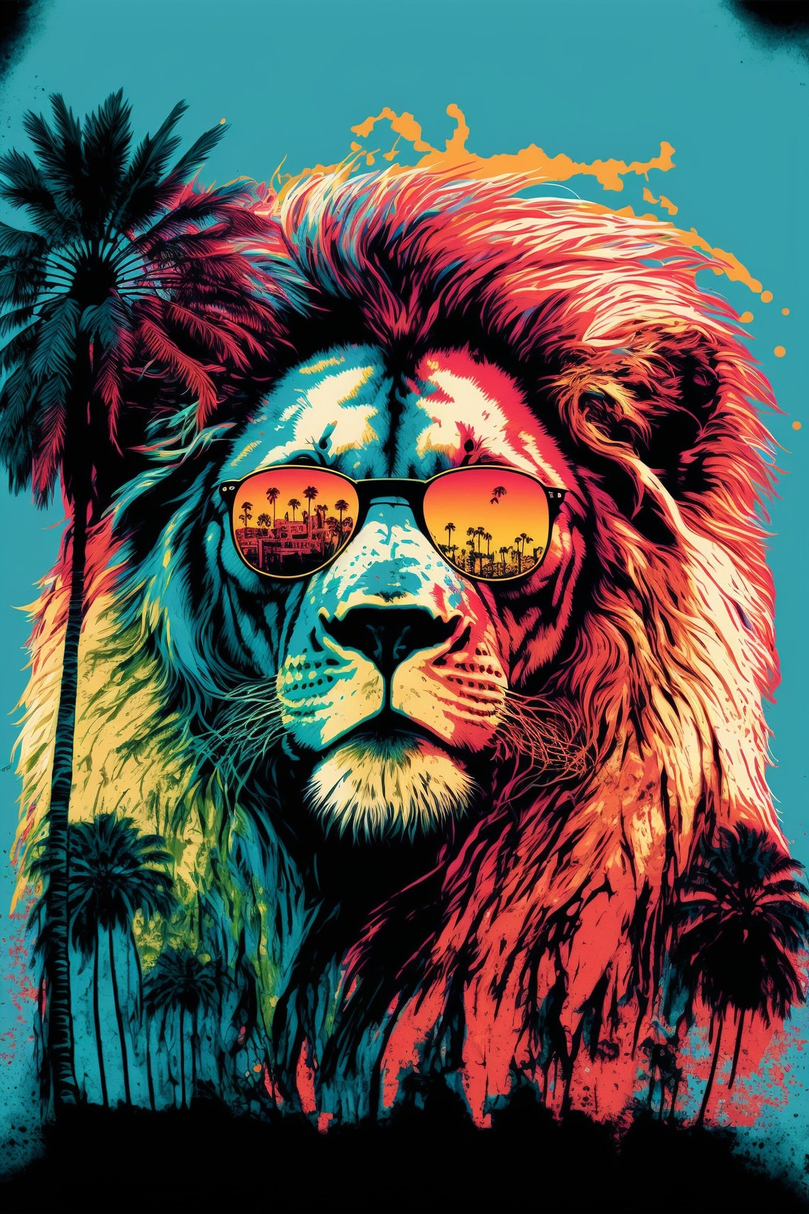 Cool Lion Sunglasses Pop Art Palm Tree Reflection Portrait Print