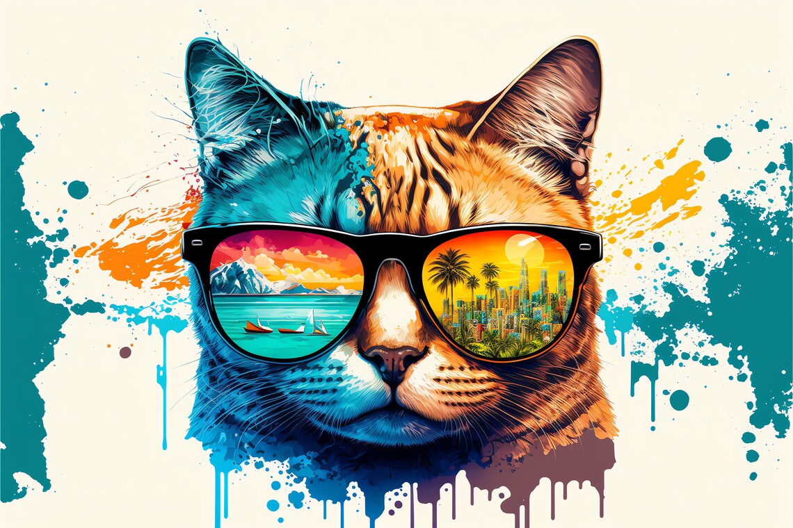 Cool Cat Sunglasses Pop Art Paint Splash Cat Portrait Poster