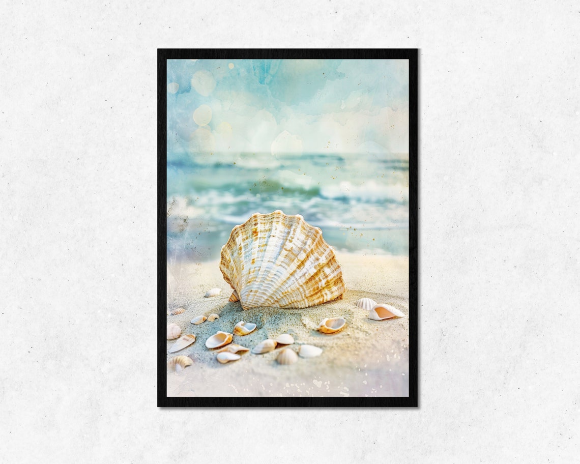 Scallop Shell On Sandy Beach Watercolor Coastal Ocean Art Poster
