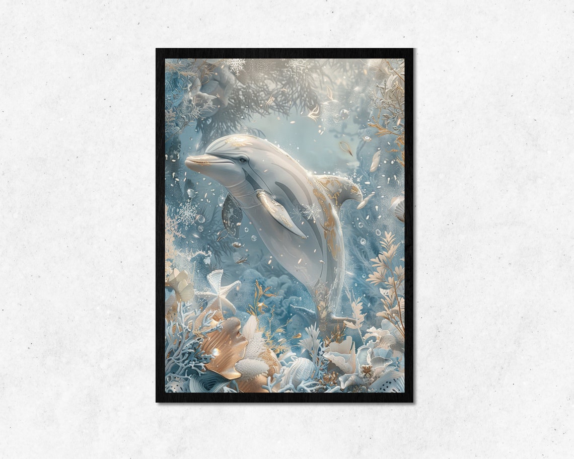 Golden White Dolphin Underwater Coral Reef Elegant Ocean Poster