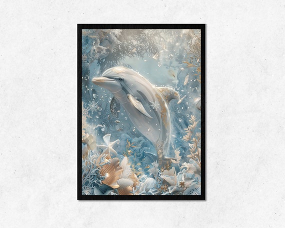 Cute Dolphin In The Ocean Wall Art L Calm Blue Animal Underwater Room Decoration Under Sea Home Decor