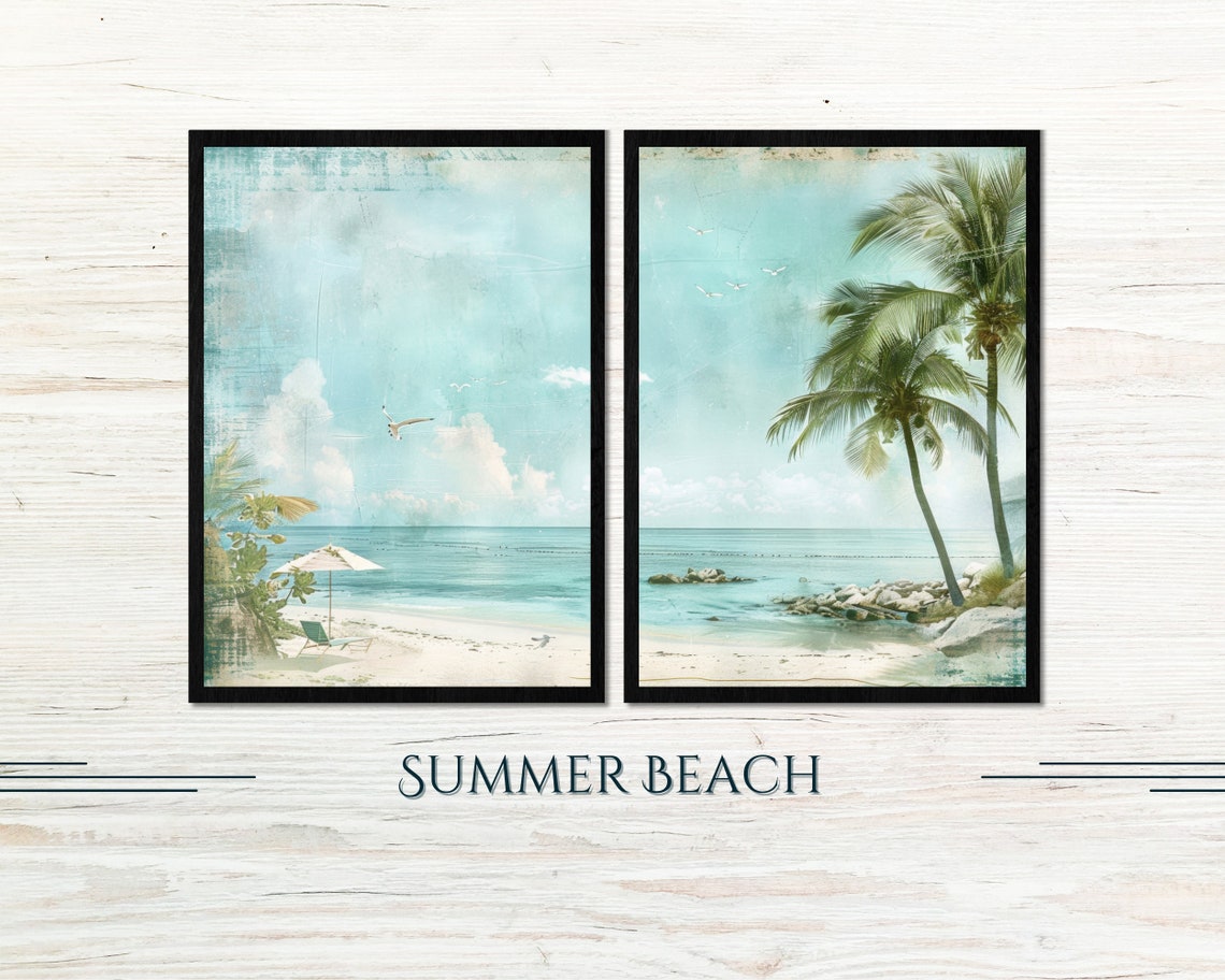 Vintage Summer Beach Two Piece Poster Set Palm Ocean Umbrella