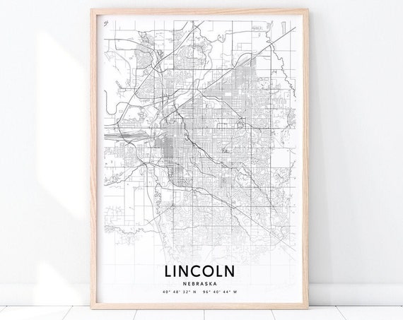 Lincoln Map Print Nebrska Usa Art Poster City Street Road Black White Modern Wall Home Office Decor