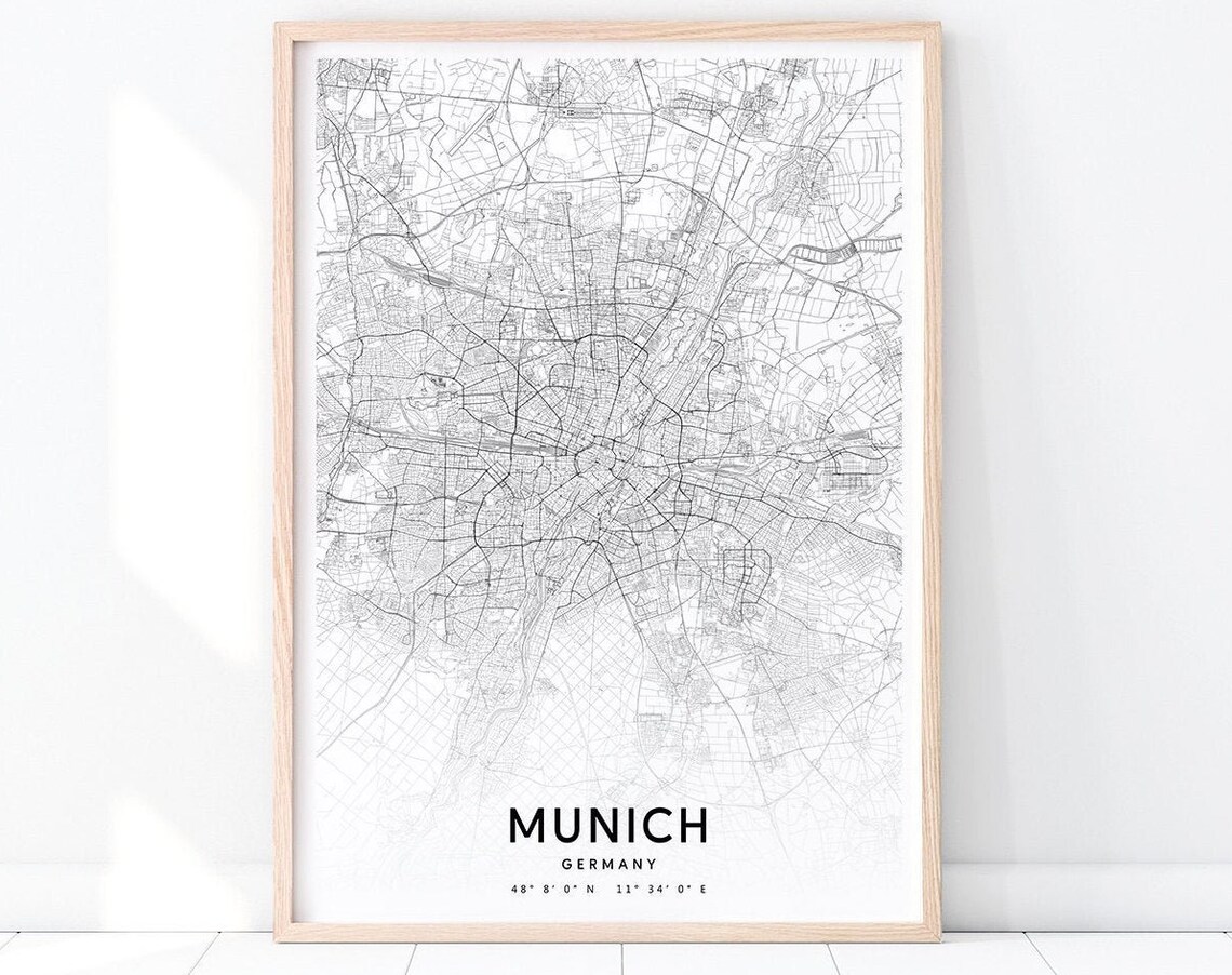 Munich Germany City Street Map Modern Minimalist Black White Poster