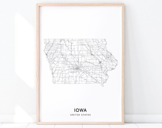 Minimalist Iowa State Road Map Black And White Line Art Poster
