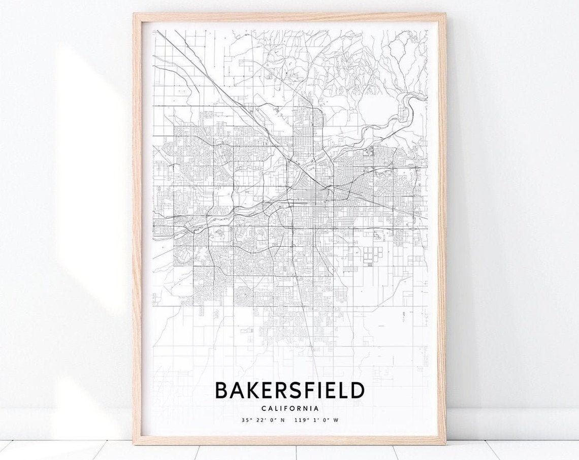 Bakersfield California Minimalist Black White Street Map Poster