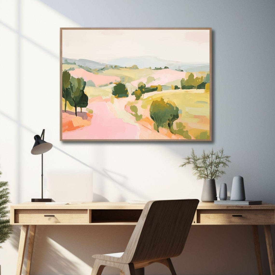 Abstract Pink Landscape Green Trees Rolling Sunlit Hills Wall Art - Image 3