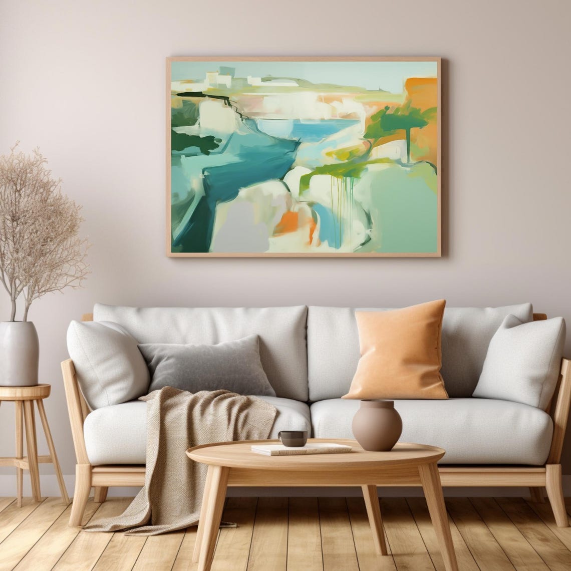 Modern Abstract Coastal Watercolor Painting Teal and Orange Poster - Image 3