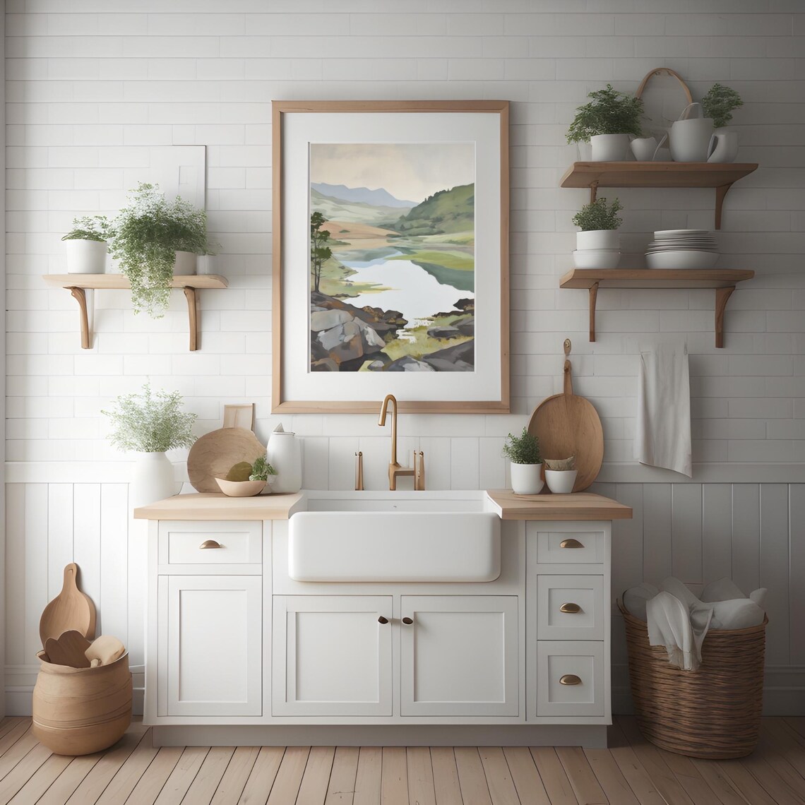 Serene Mountain Lake Painting Rocky Shoreline Green Valley Poster - Image 2