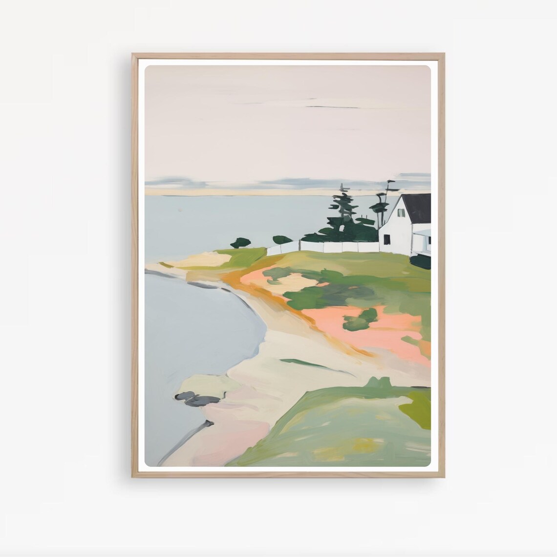 New England Coastal House White Cottage Bluffs Landscape Poster - Image 3
