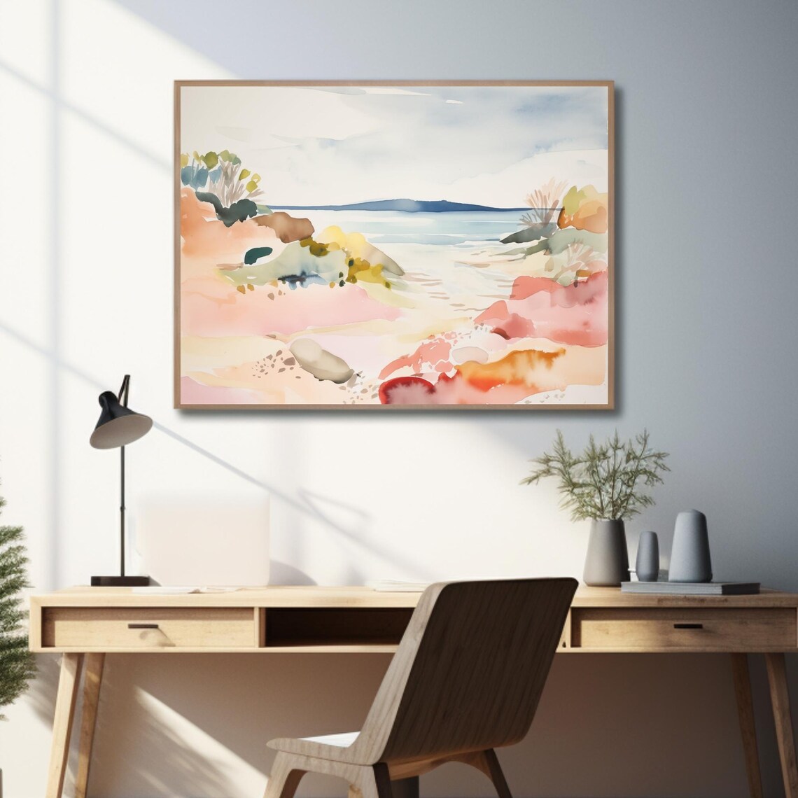 Pastel Beach Watercolor Coral Cliffs Ocean Shoreline Coastal Poster - Image 3