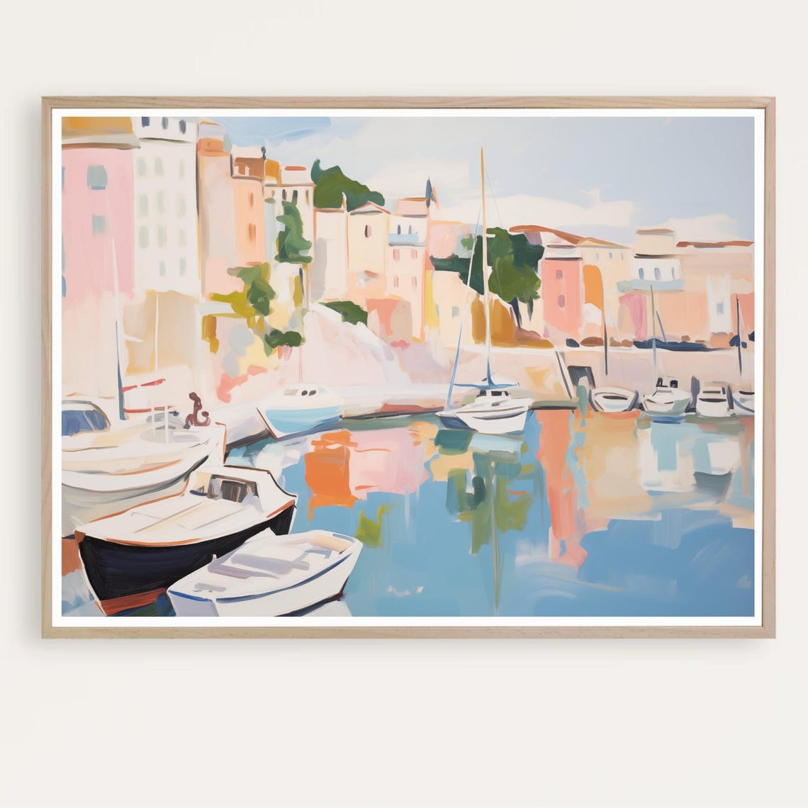 Colorful Mediterranean Harbor Boats Pastel Seaside Painting Poster