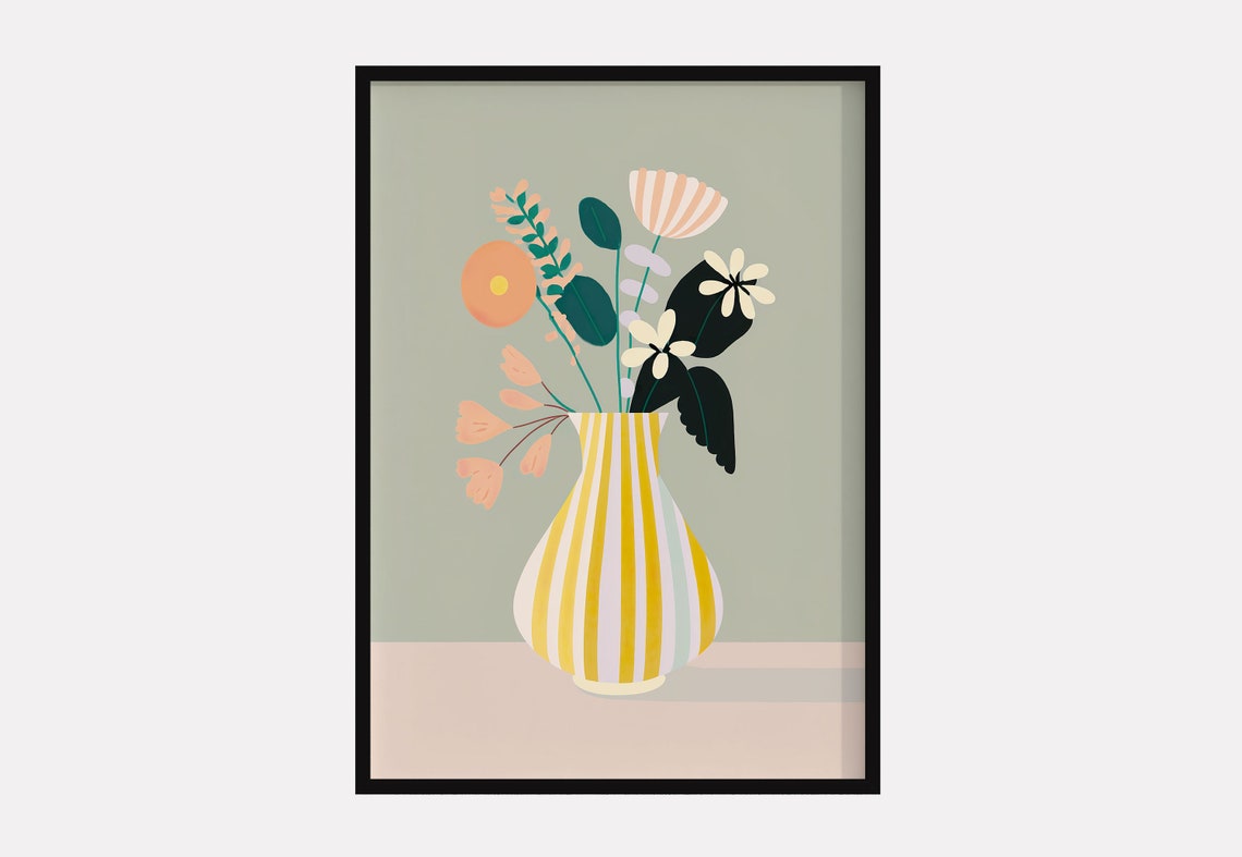 Colorful Flower Bouquet in Striped Vase Matisse Style Art Poster