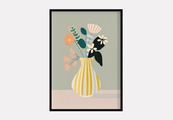 Colorful Flower Bouquet Poster Striped Vase Art Matisse Inspired Home Decor Wall Art Retro Wall Print Print