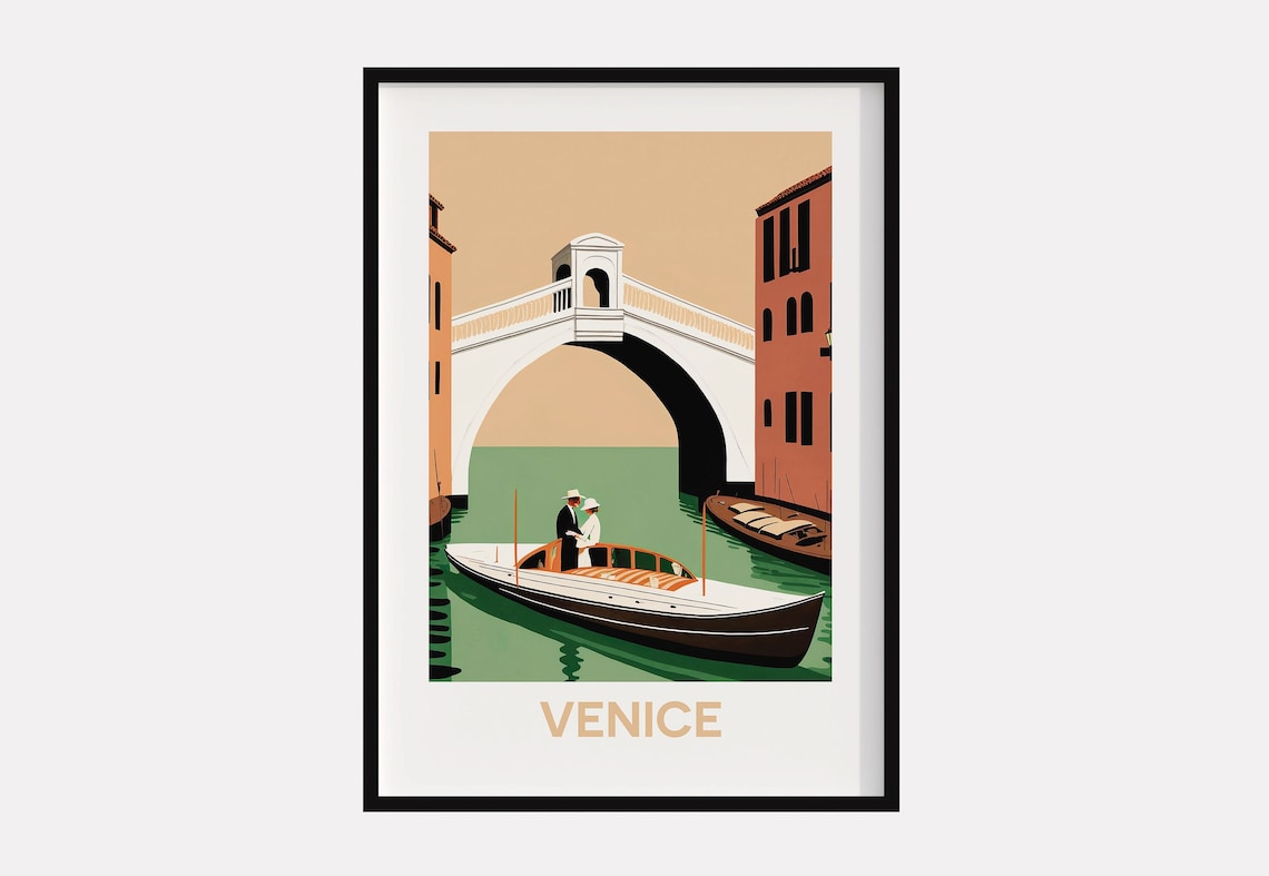 Venice Canal Boat Under Bridge Vintage Italian Travel Art Poster