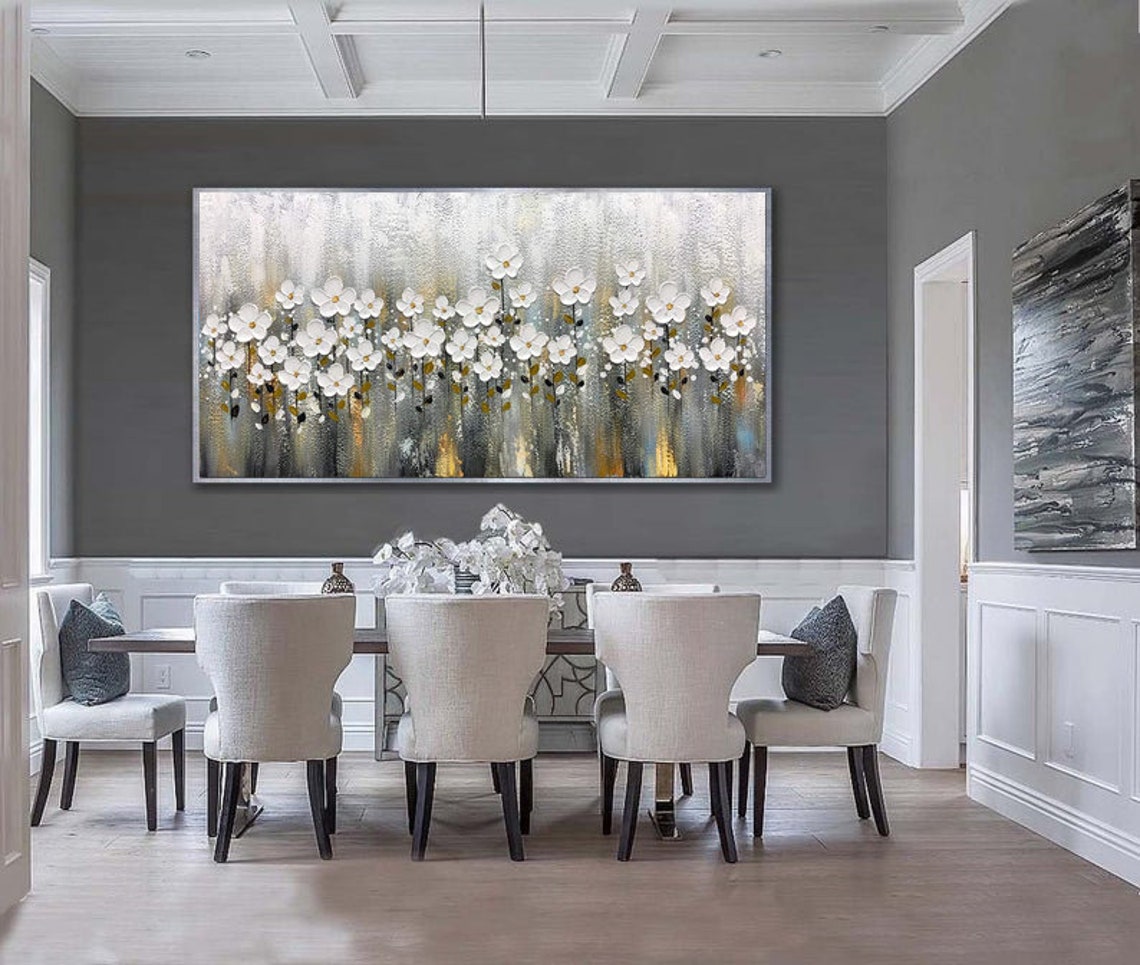 White Cherry Blossom Row Wide Silver Gold Floral Branch Poster - Image 2