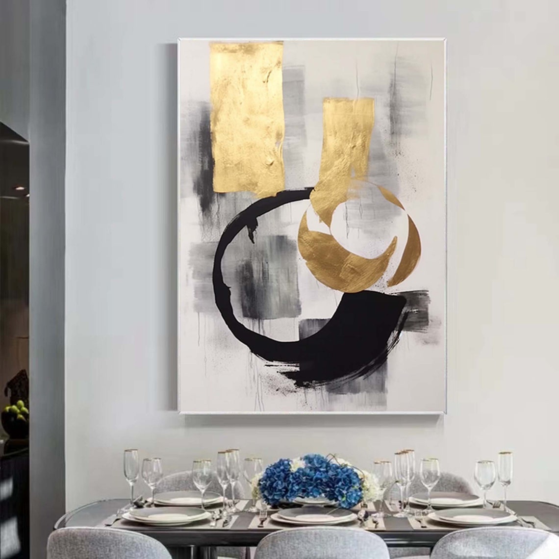 Minimal Gold Leaf And Black Brushstroke Abstract Circle Poster - Image 2