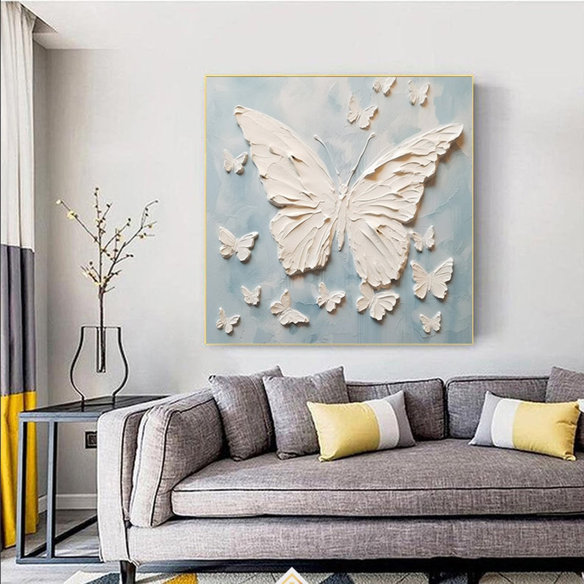 White 3D Butterfly Flight Light Blue Textured Relief Square Poster - Image 4