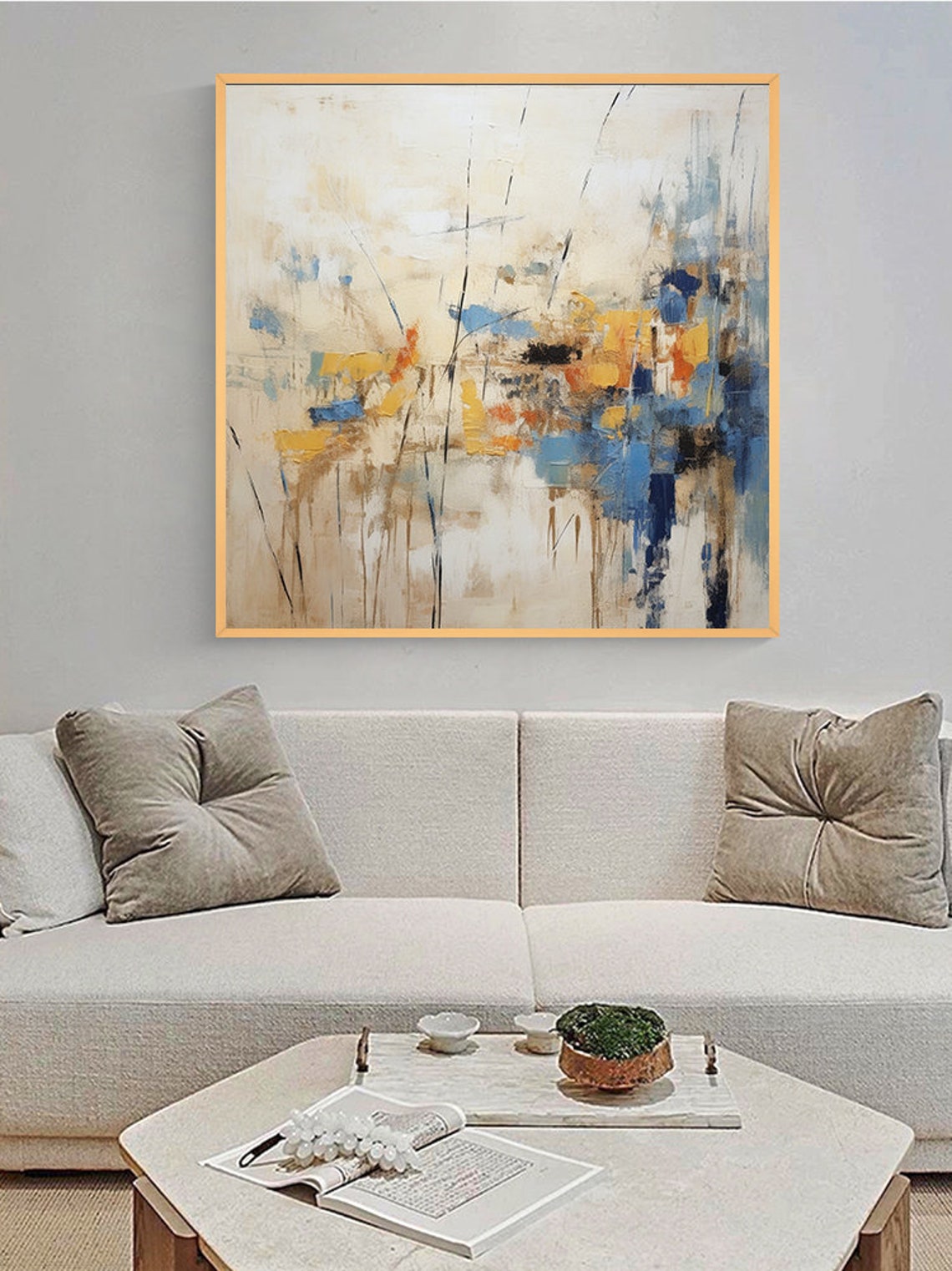 Cream Blue and Mustard Abstract Brushwork Square Wall Poster - Image 5
