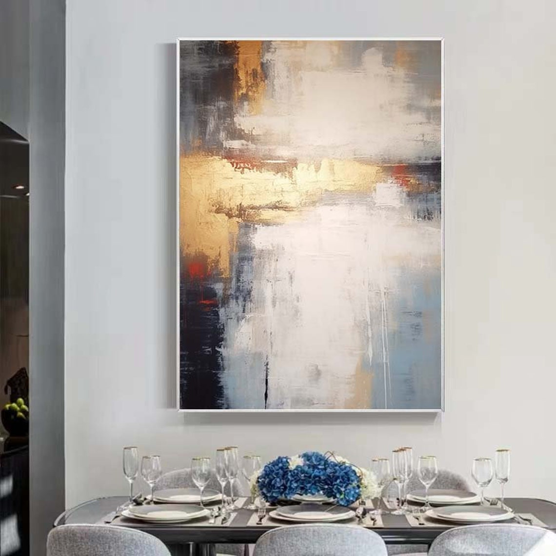 Gold White Slate Blue Textured Abstract Vertical Gallery Wall Poster - Image 2