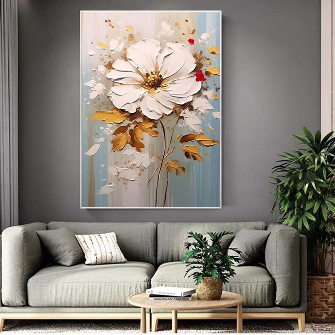 White Flower Gold Leaves Light Blue Botanical Elegant Art Poster - Image 3