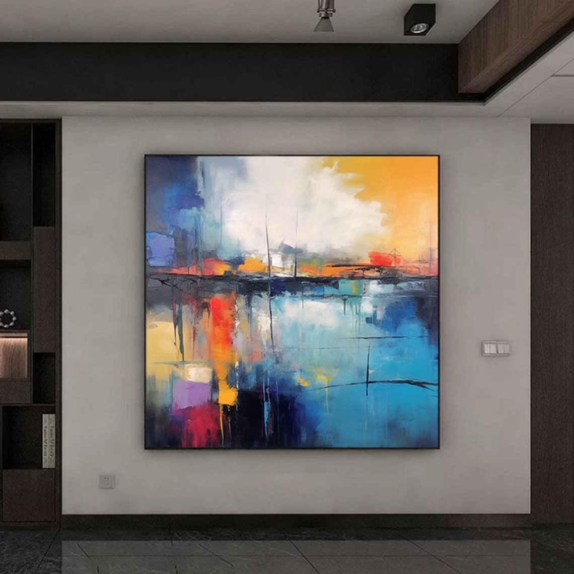 Abstract Harbor Reflection Painting In Blue Orange And Red Poster - Image 2