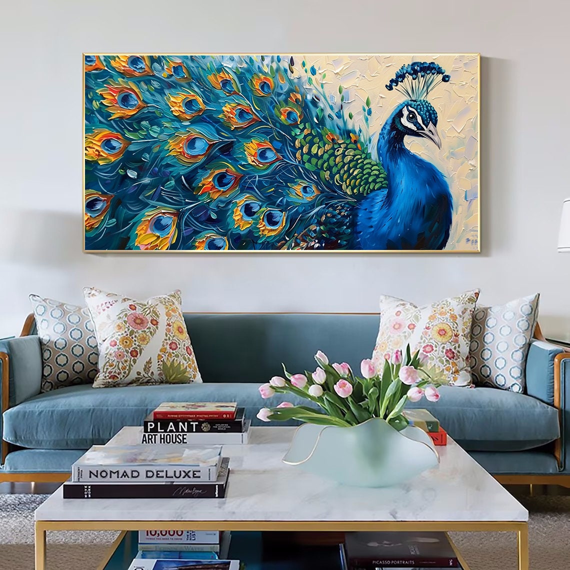 Vibrant Blue Peacock With Fanned Tail Impasto Oil Painting Poster - Image 3