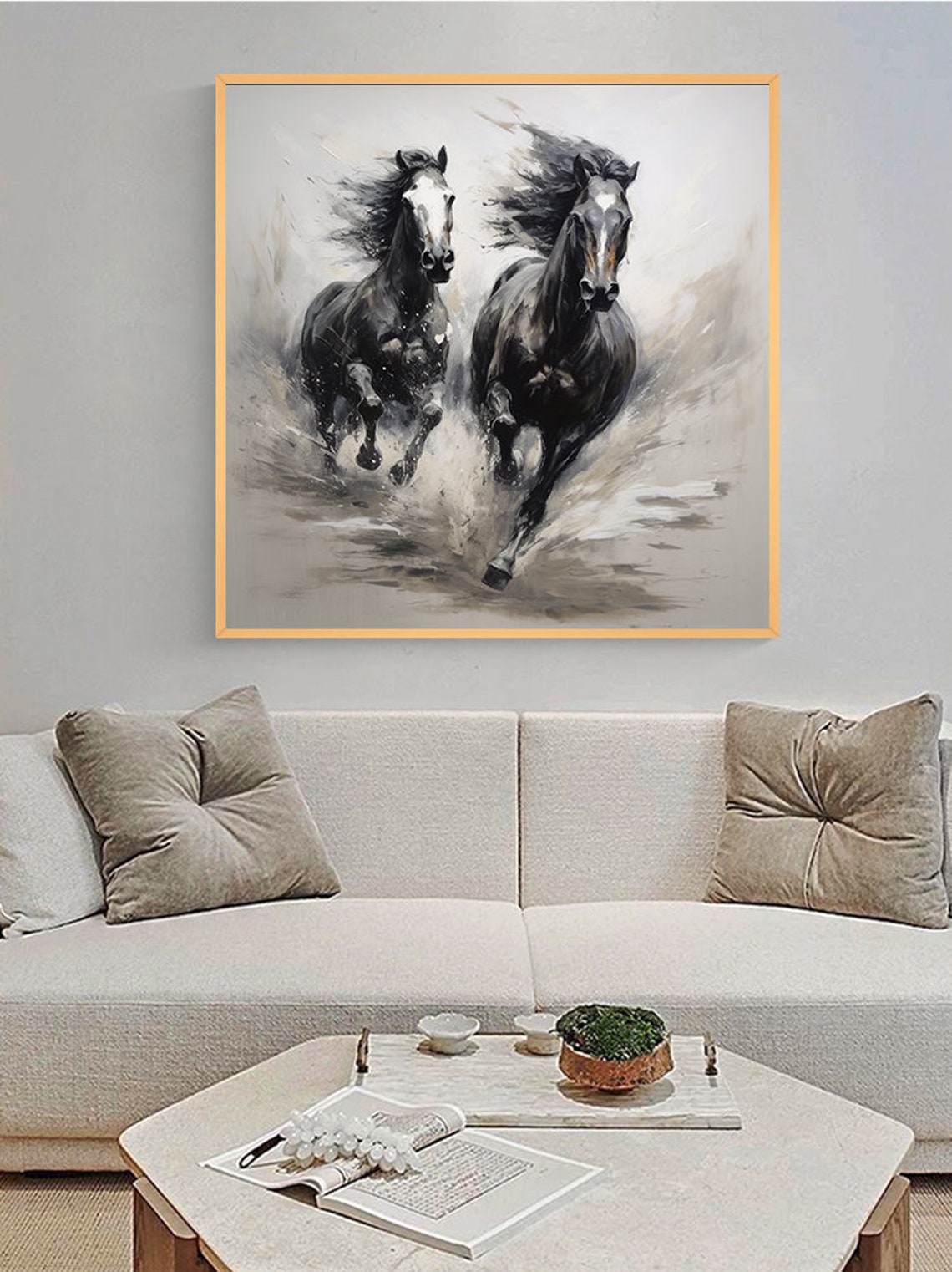 Black And White Textured Running Horses Oil Painting Horse Painting Original Animal Oil Art Wall Decor Living Room Office Wall Art - Image 2