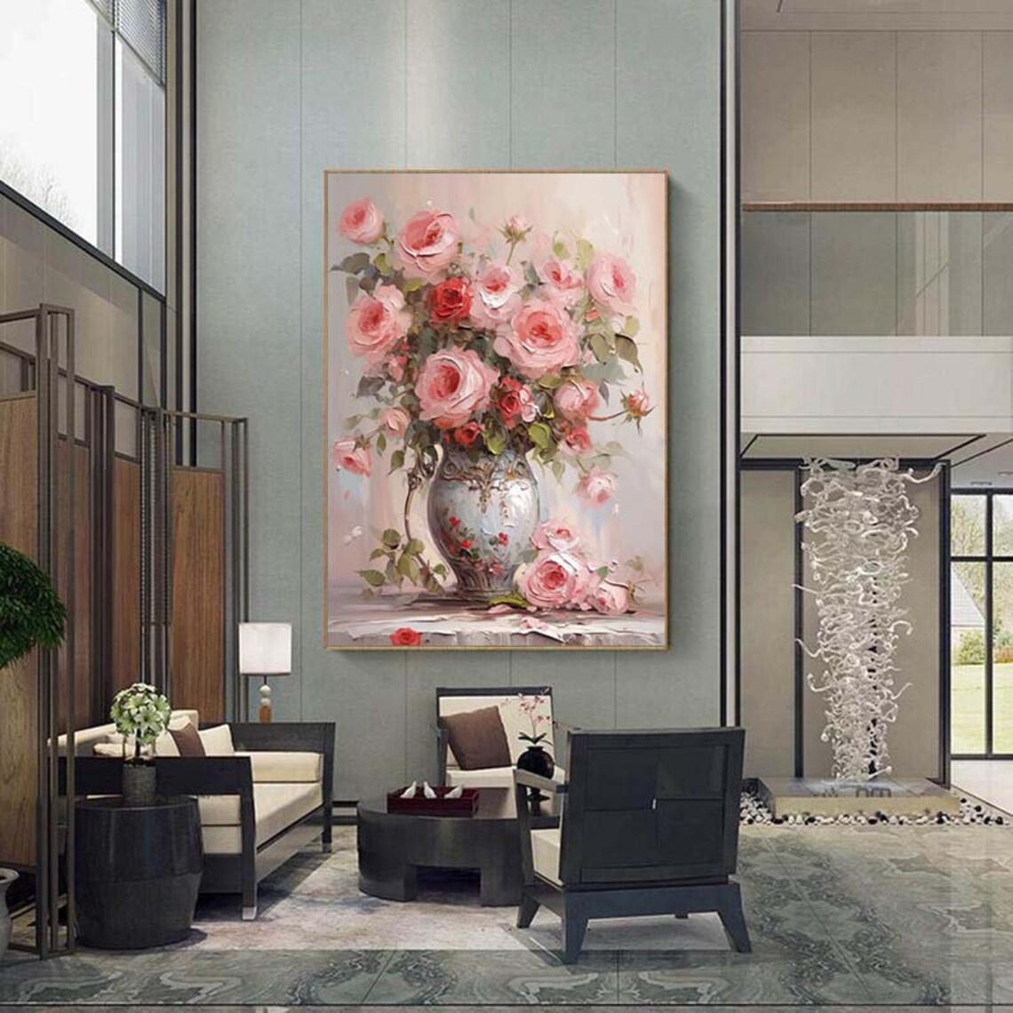 Pink Roses Bouquet in Vintage Vase Oil Painting Floral Poster - Image 2
