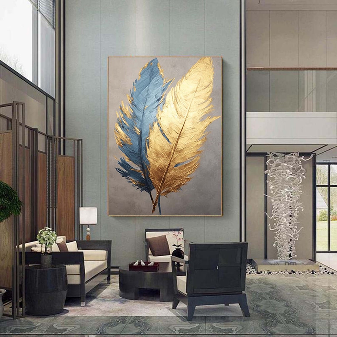 Gold and Blue Feathers on Gray Modern Elegant Painting Poster - Image 4