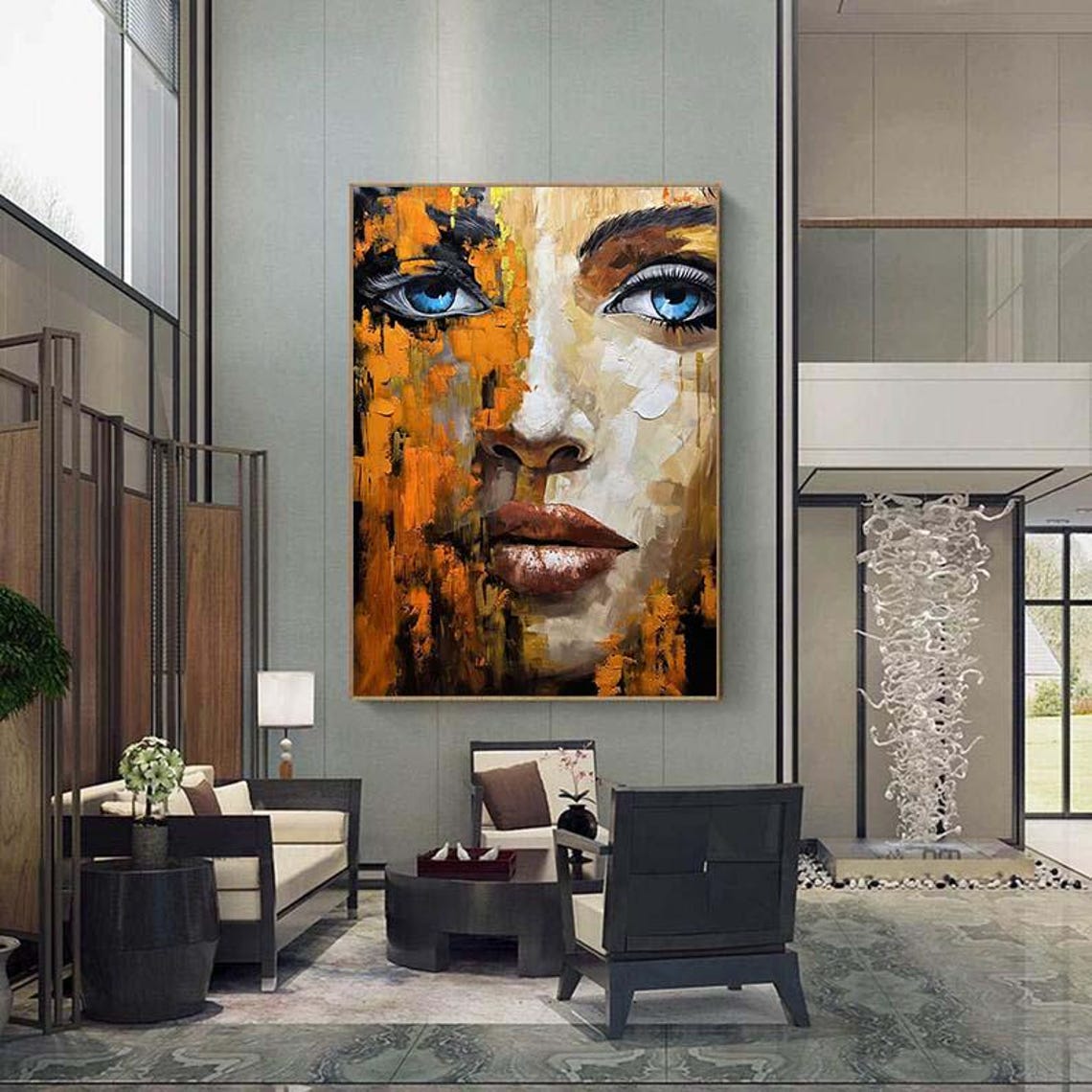 Abstract Woman Face With Striking Blue Eyes in Orange Oil Poster - Image 4