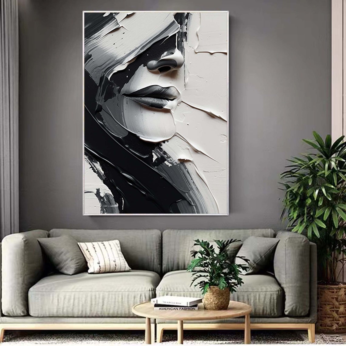 Black White Abstract Face Profile Textured 3D Oil Painting Poster - Image 4