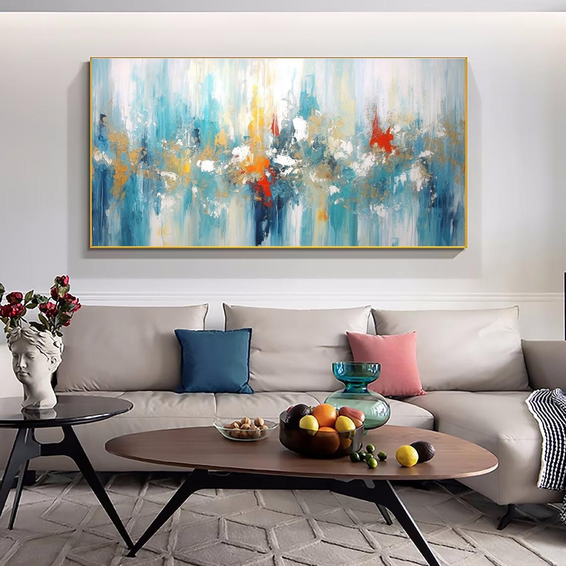 Teal Blue Abstract Painting With Fiery Red and Orange Accents Poster - Image 2