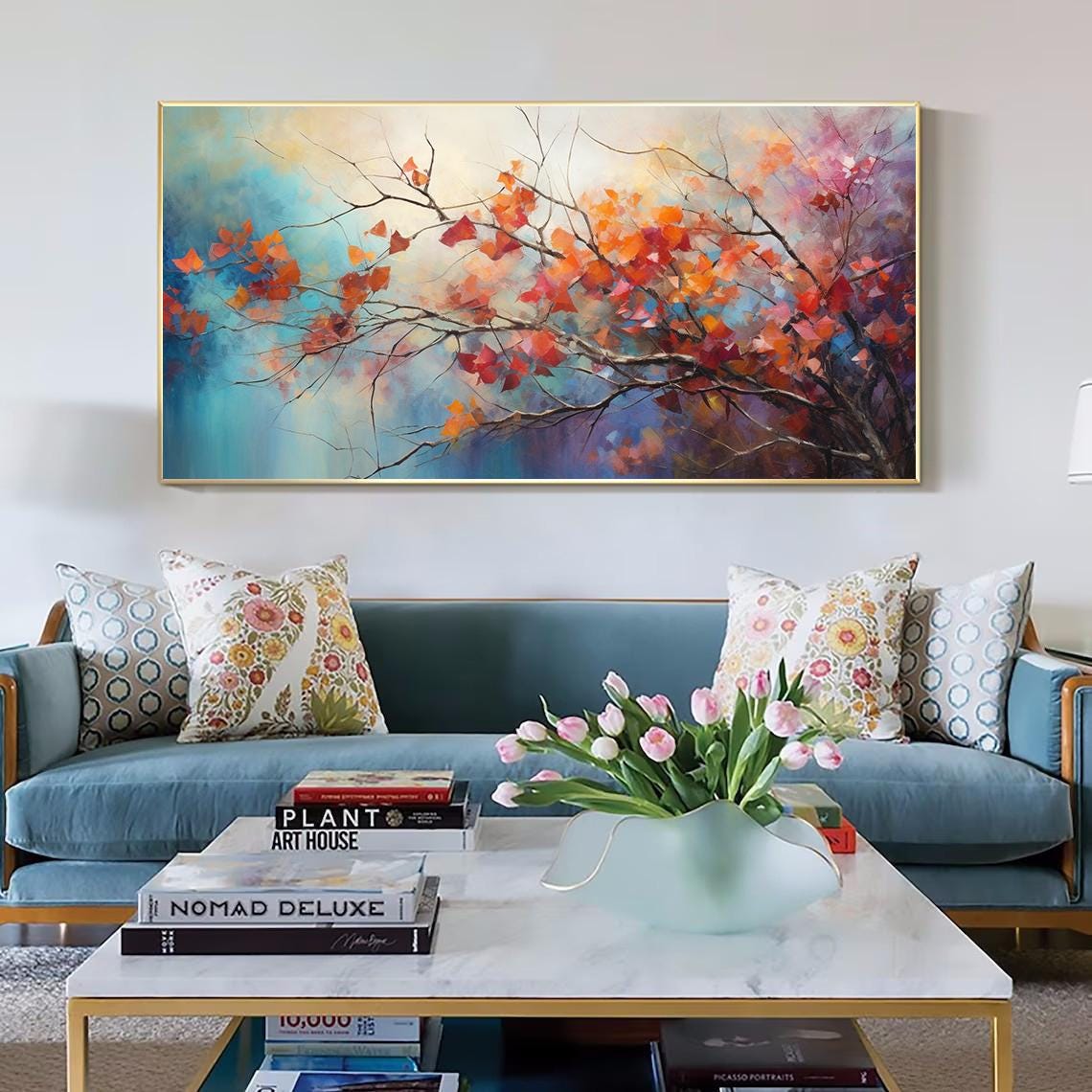 Autumn Branch Red Leaves Blue Teal Horizontal Tree Painting Poster - Image 2