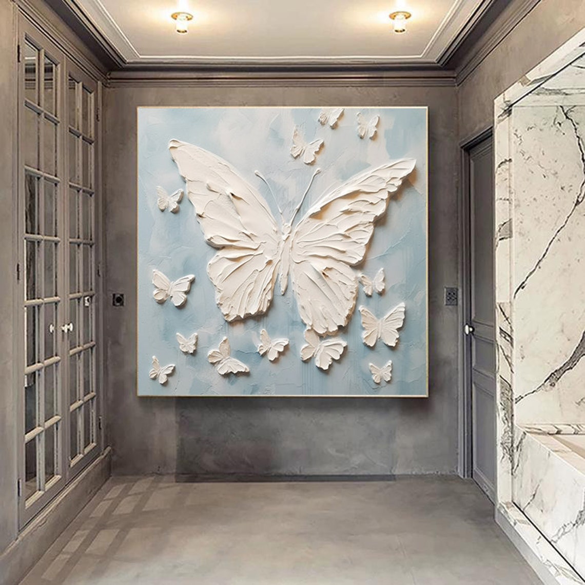 White 3D Butterfly Flight Light Blue Textured Relief Square Poster - Image 3