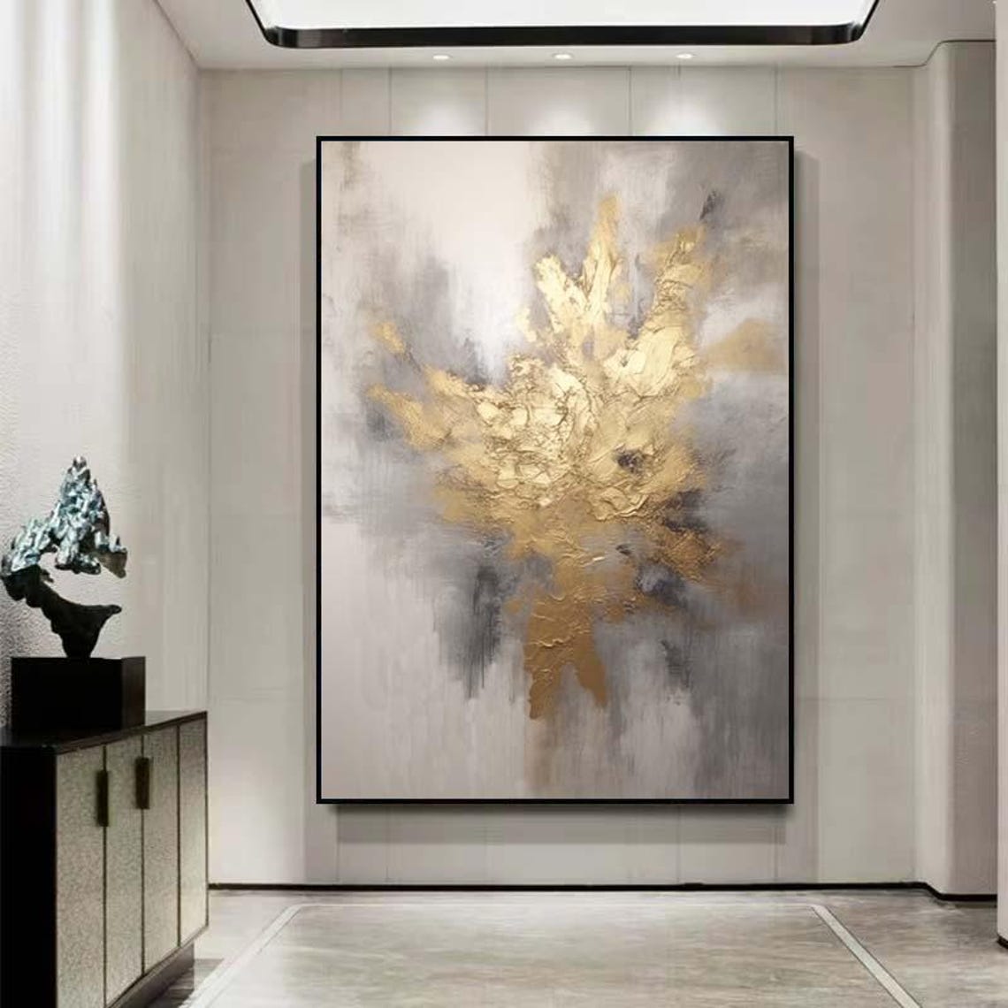Gold Cloudburst on Grey White Abstract Elegant Painting Poster - Image 2