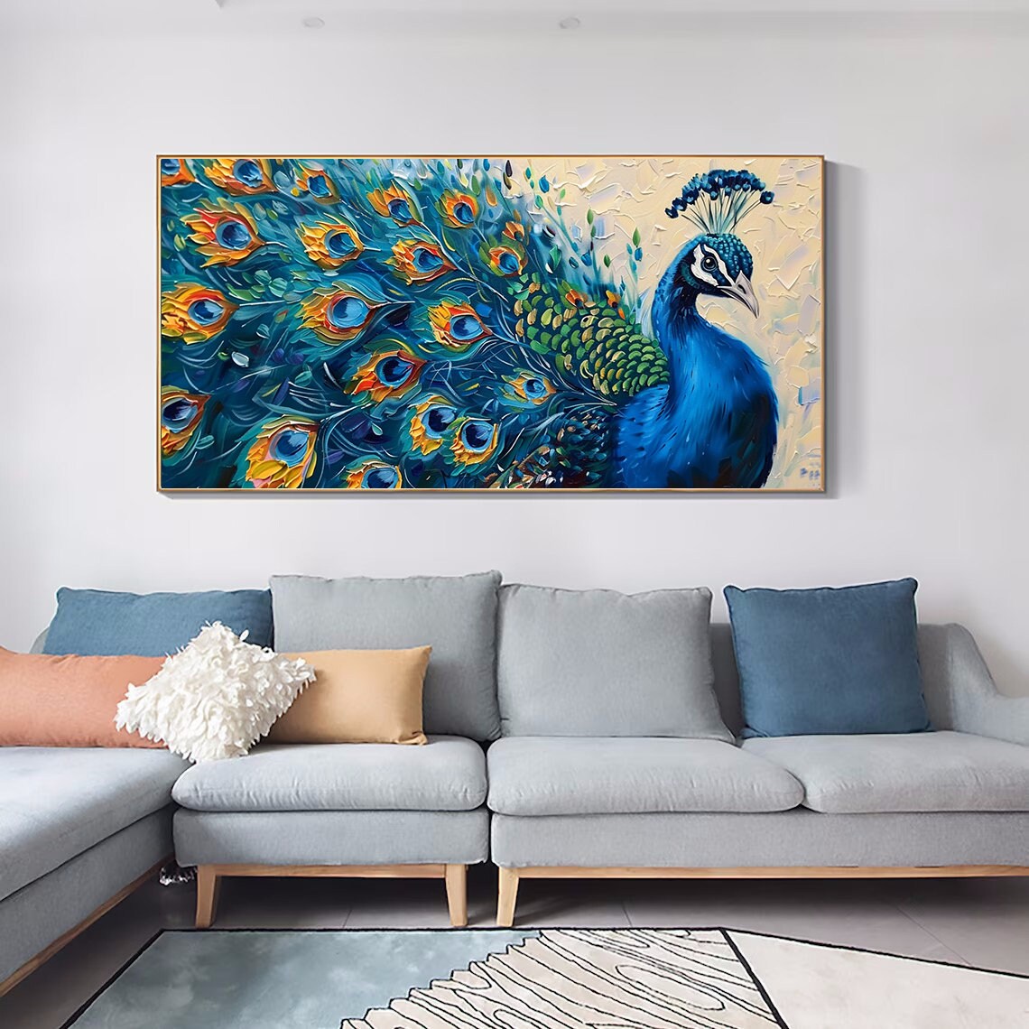 Vibrant Blue Peacock With Fanned Tail Impasto Oil Painting Poster - Image 5