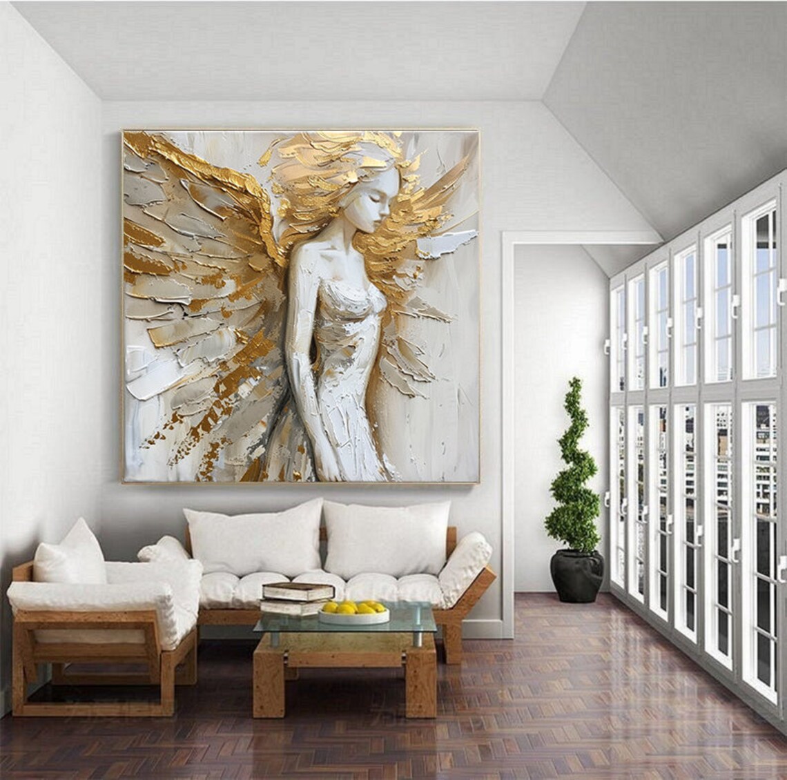 Gold Wings White Angel, Abstract Oil Painting Print - Image 2