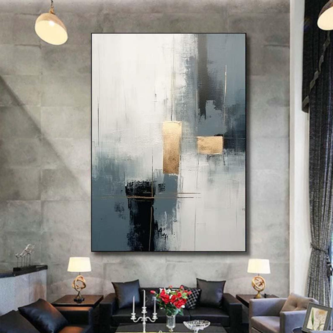 Minimalist Grey White Abstract Painting with Gold Accent Blocks Poster - Image 7