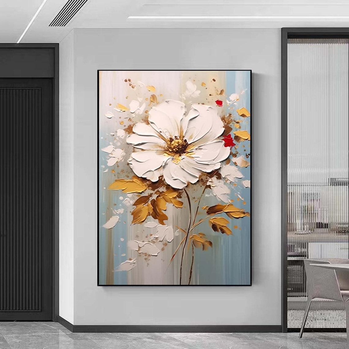 White Flower Gold Leaves Light Blue Botanical Elegant Art Poster - Image 2