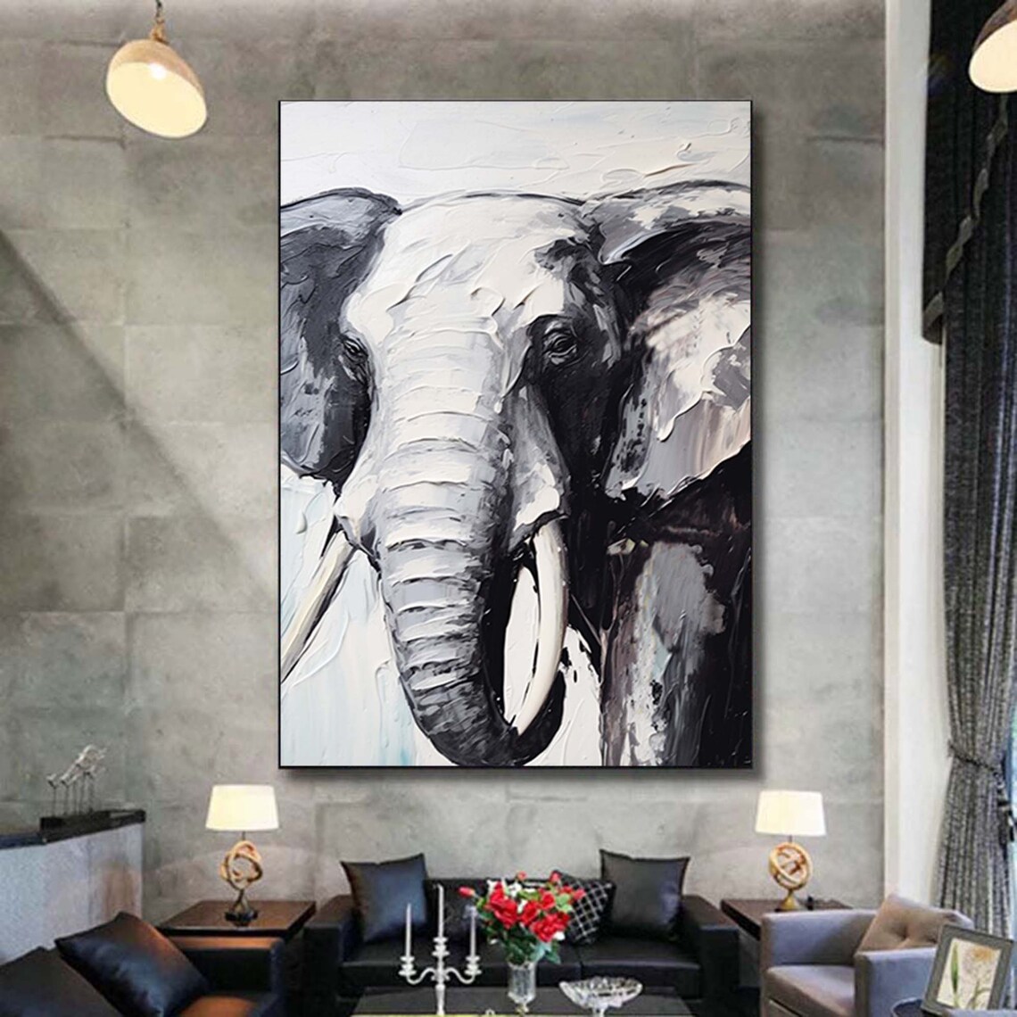 Black And White Elephant Portrait Impasto Animal Oil Painting Poster - Image 5