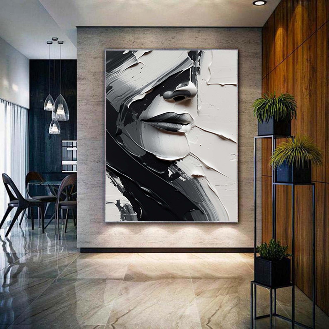 Black White Abstract Face Profile Textured 3D Oil Painting Poster - Image 6