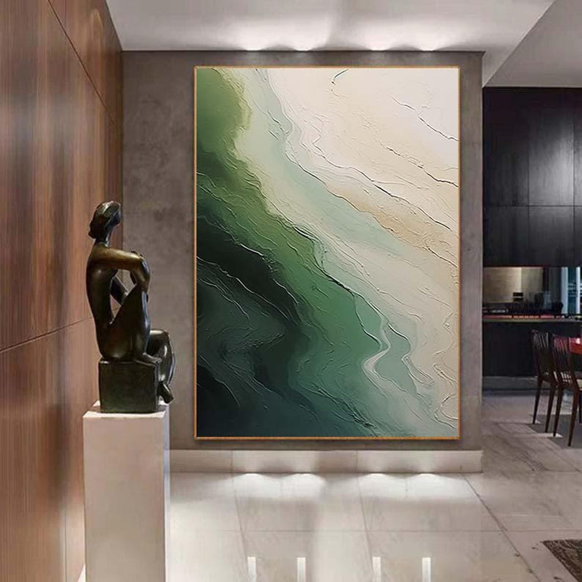 Emerald Green Beige Textured Abstract Flowing Waves Wall Poster - Image 7