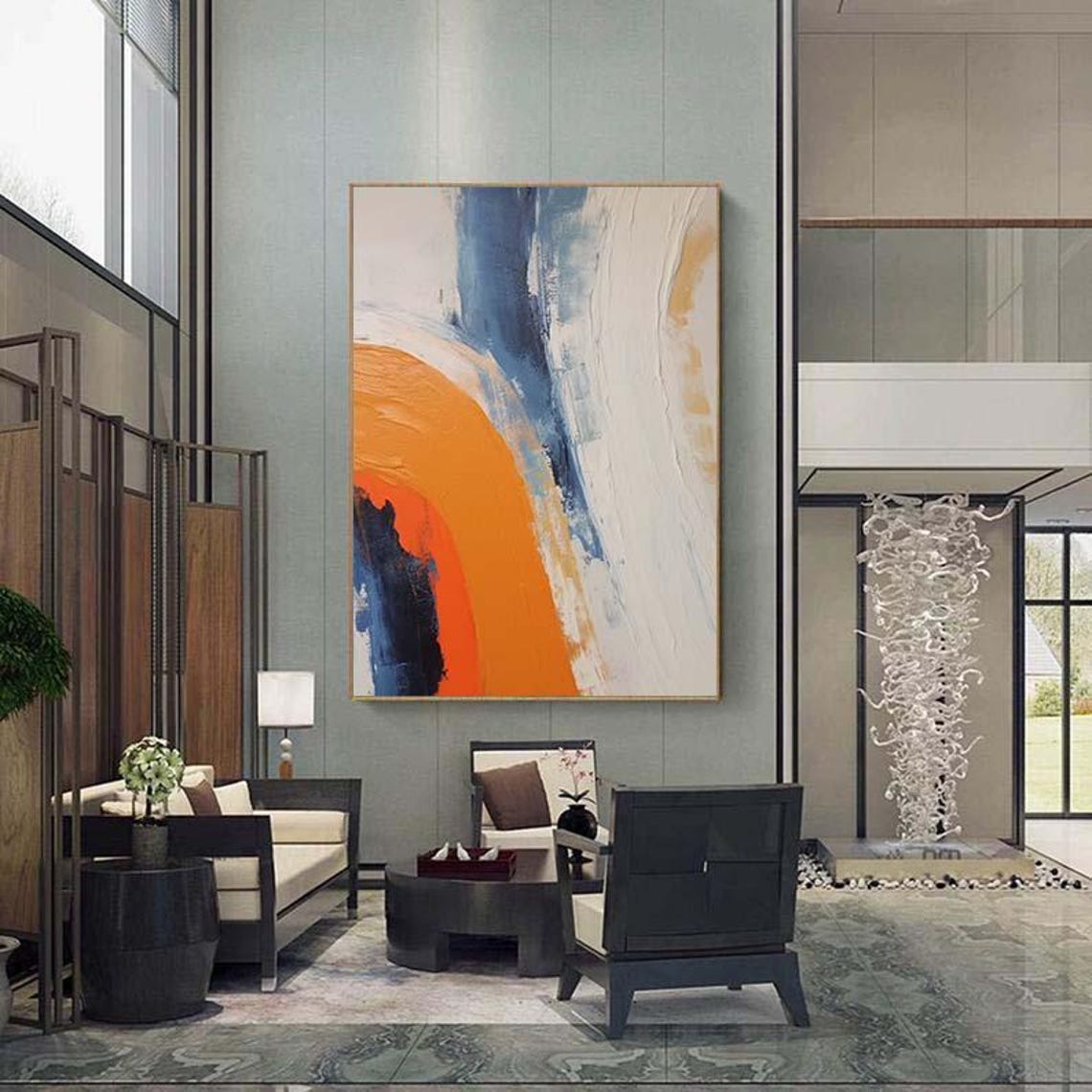 Bold Orange Rainbow Arc Abstract Sweeping Over Blue White Poster - Image 5