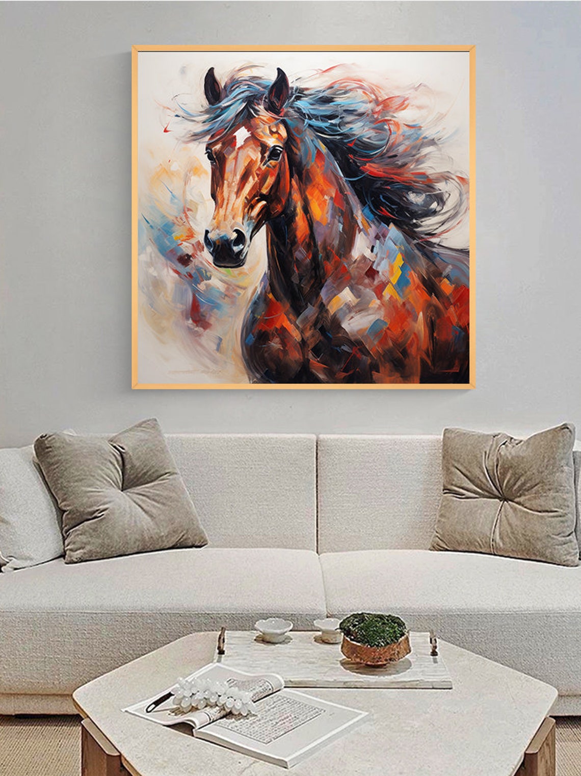 Multicolor Horse Portrait Blue Mane Abstract Oil Painting Poster - Image 4