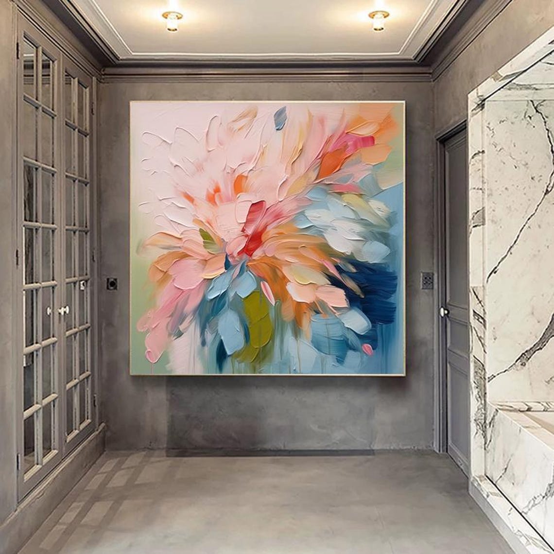 Blush Pink Teal Abstract Bloom Impasto Floral Petal Art Poster - Image 2