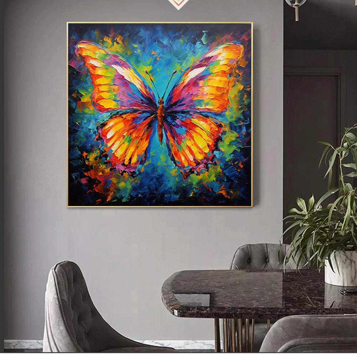 Colorful Butterfly Knife Painting Blue Background Decor Poster - Image 5