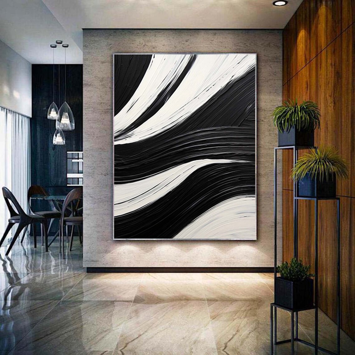 Minimalist Black And White Abstract Oil Painting Art Print - Image 2