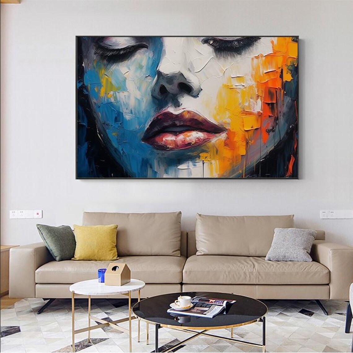 Blue Orange Abstract Woman Face Palette Knife Oil Painting Poster - Image 5